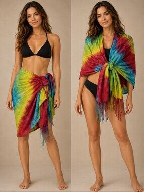 PASHMIRE Hippie Tie Dye Fringe Wrap Festival Sarong Shawl